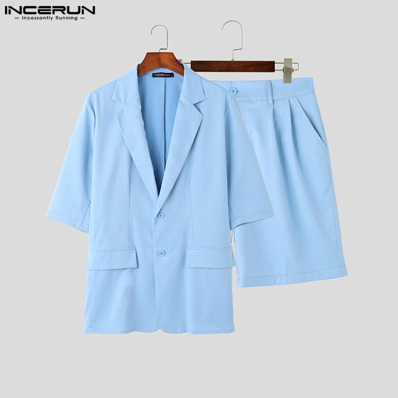 INCERUN-Blazer et short à revers demi-manches pour hommes, olympiques décontractés, mode de style coréen, ensembles de documents solides, 2 pièces,