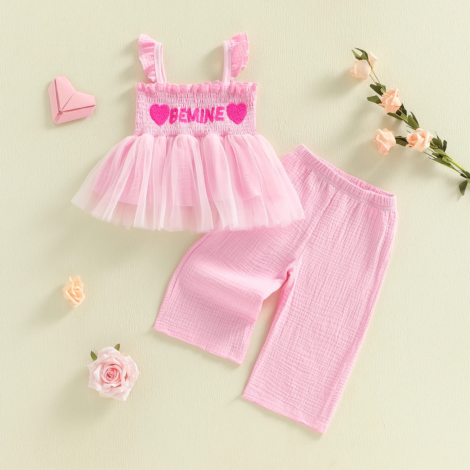 طفل رضيع ملابس طفلة الصيف رسالة مطرزة Smocked تمثال نصفي تول تانك القمم الصلبة واسعة الساق السراويل الملابس مجموعة