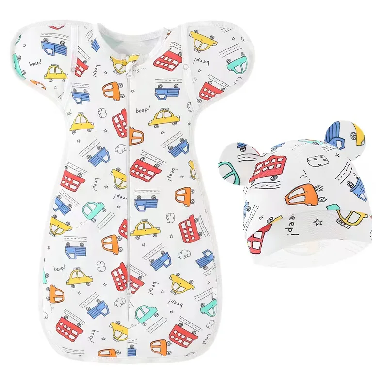 0-6M Newborn Baby Sleeping Bags Cotton Anti-shock Sleepsacks Wrap Bonnet Hat Set Cartoon Print Infant Swaddle Blanket Baby Stuff