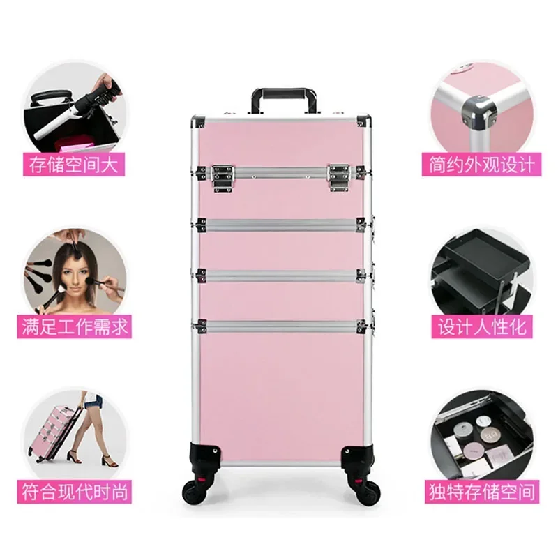 Professional Makeup Suitcase Wheels Large Capacity Cosmetology Manicure Cosmetic Box Folding Rolling Storage Rotating Organizer