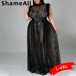 Kobiety Plus Size Sexy Black Sheer Mesh Night Club Dress 4XL Summer Leopard Lining Transparent Party White French Maxi Dresses