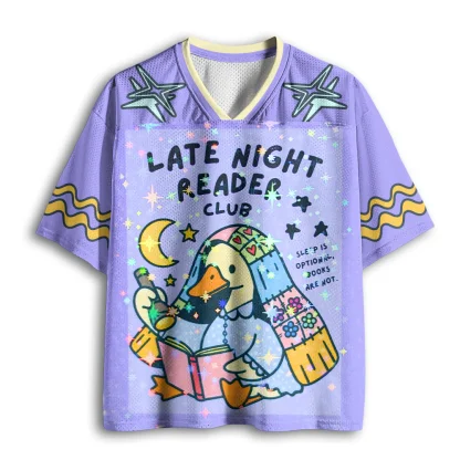 Late Night Reader Club Cute Reading Duck Print Men V Neck Mesh Jersey Kawaii Short Sleeve Top