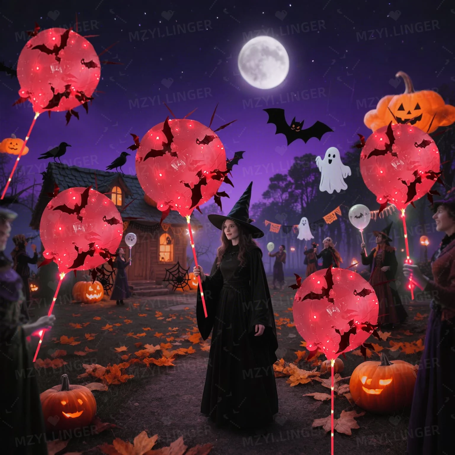5 Stück Halloween leuchtende Ballon-Set, transparente Bobo-Ballon-Fledermaus-Aufkleber, Halloween-Party-Dekoration, Tag der Toten, Dekoration