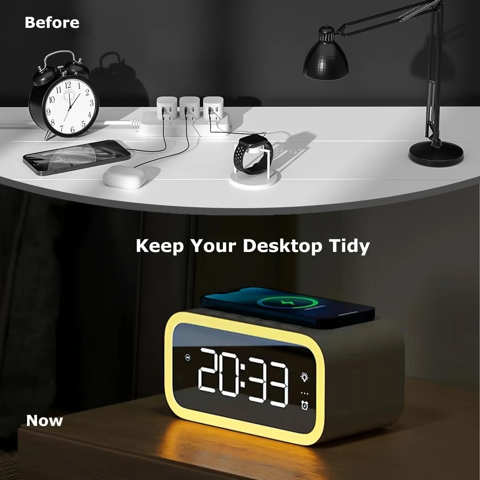 LED Large Screen Wireless Charging Alarm Clock Magnetic Fast Charging, Wireless Clock Charger, dimmable Alarm Clock