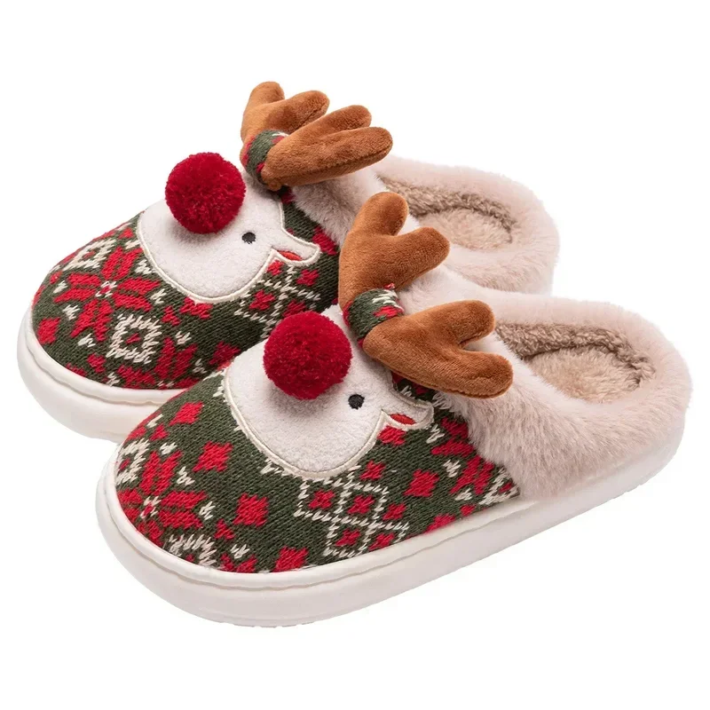 Winter New Christmas Reindeer Cotton Slippers For Woman Cute Cartoon Deer Anti-Slip Girls Indoor Home Floor Shoes Party Slides