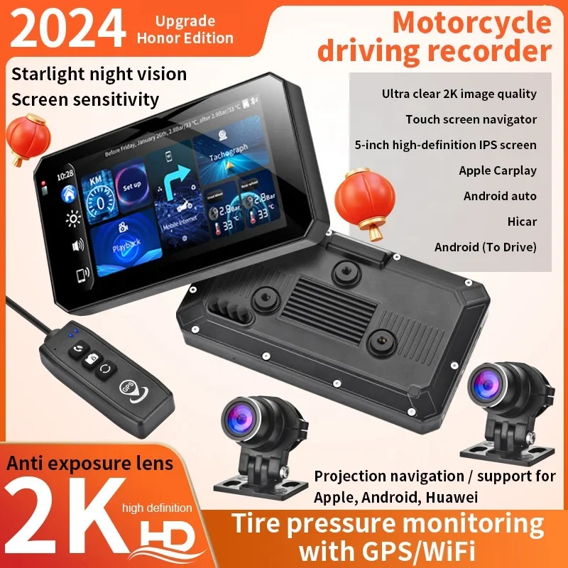 Cámara Dual inteligente DVR para motocicleta, grabadora de conducción Full HD resistente al agua con sistema de monitoreo de presión de neumáticos