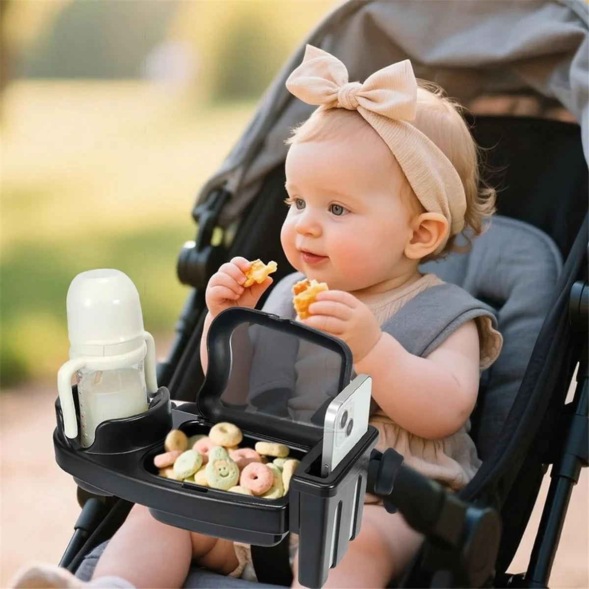 2025+ Universal Stroller Snack Tray Attachment with Dust Cover Sturdy Stroller Cup Snack Holder Clamp - view 6