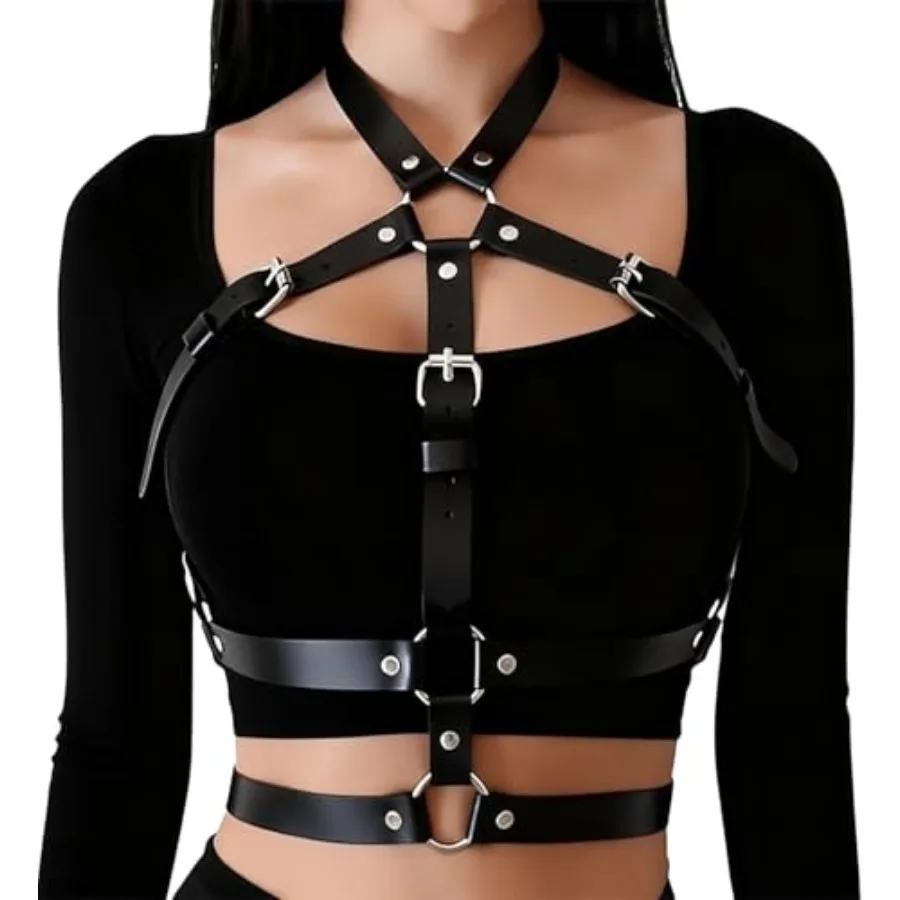 

Punk Harness Belts for Woman Leather Chest Body Chain Belt Rave Halloween Accessories Belt Adjustable Gothic Fit Waist 24.8-36