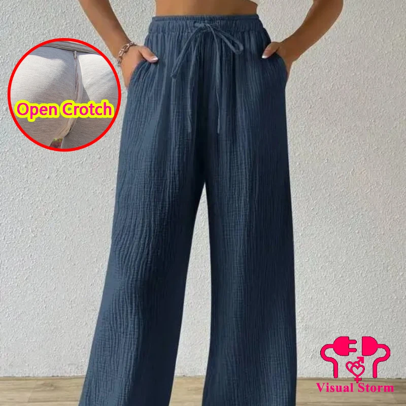 Calças Femininas de Perna Larga com Zíper Oculto na Virilha, Cor Sólida, Elásticas, com Bolso, Estilo Casual e Versátil, Soltas e Sem Virilha