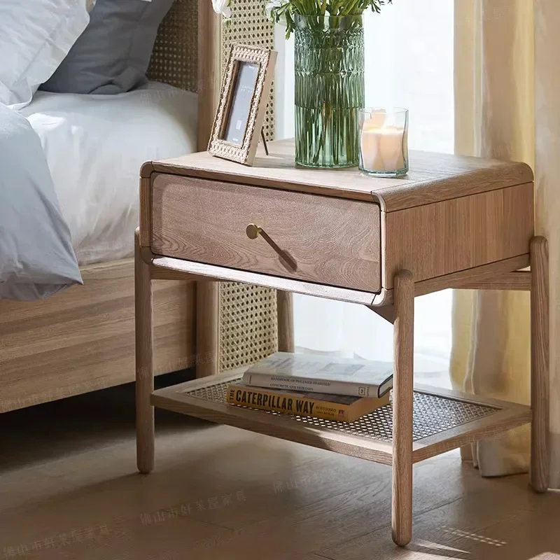 Nordic solid wood bedside cabinet, retro and simple rattan woven storage cabinet, homestay home log side