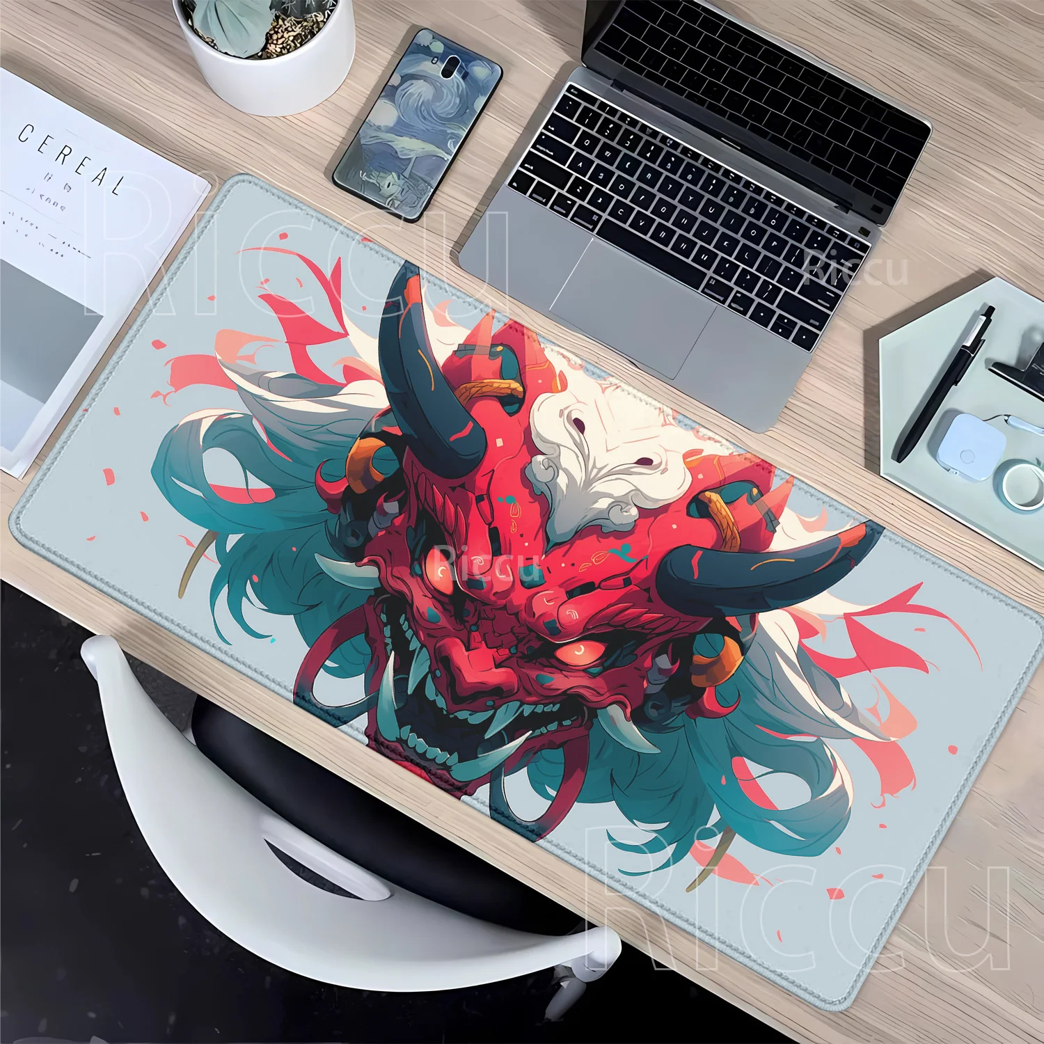 

Коврик для мыши XXL с изображением призрака, нескользящий, с HD-печатью, маска самурая-демона, для ПК, геймеров, офиса, компьютера, настольный коврик с оверлоком