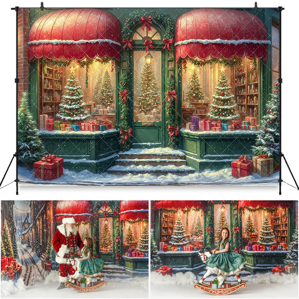 Christmas Market Photography Backdrop Winter Wonderland Snow Xmas Tree Gift Decor Background Kids Portrait Photo Studio Props