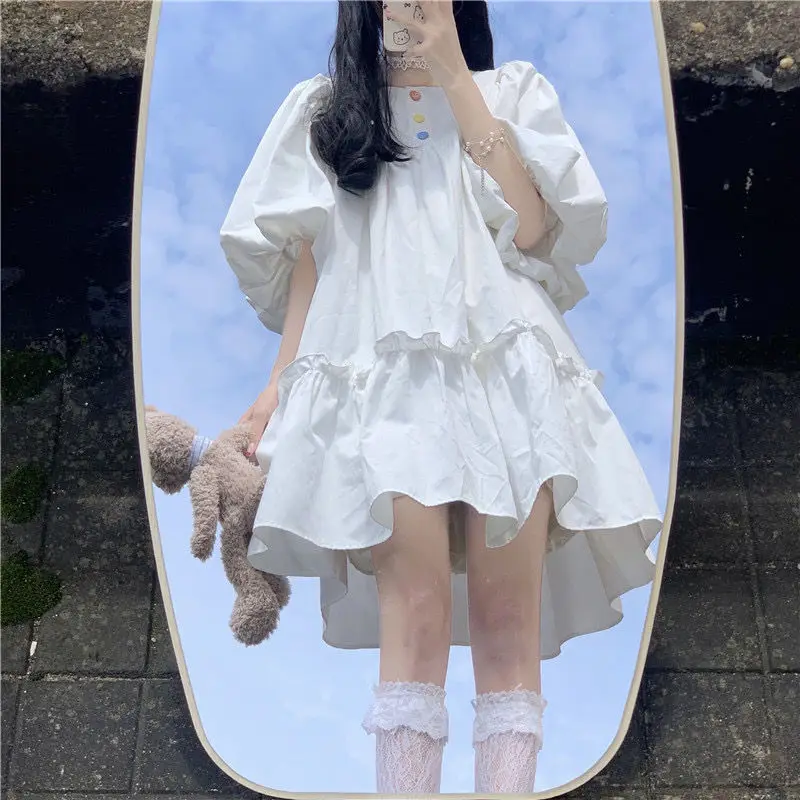 Japanese Sweet Dress Women Cute Puff Sleeve Blue Loose Mini Dress Women Summer Kawaii Style Vintage Fairy Dress New 2022