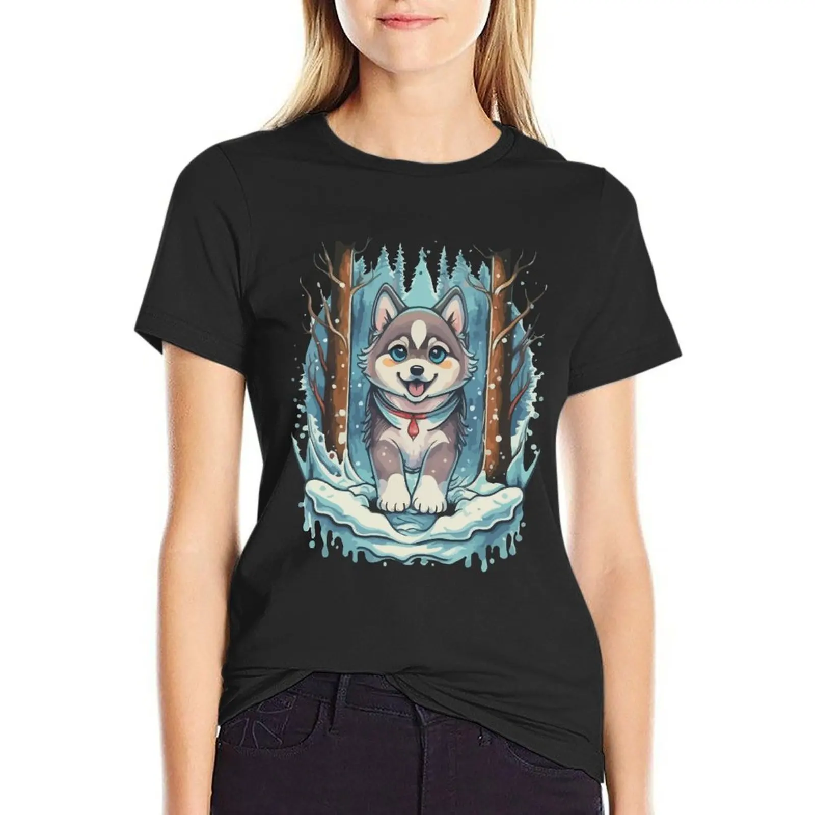 Snowy Forest Husky T-Shirt plus size tops summer clothes new edition plus sizes Top Women