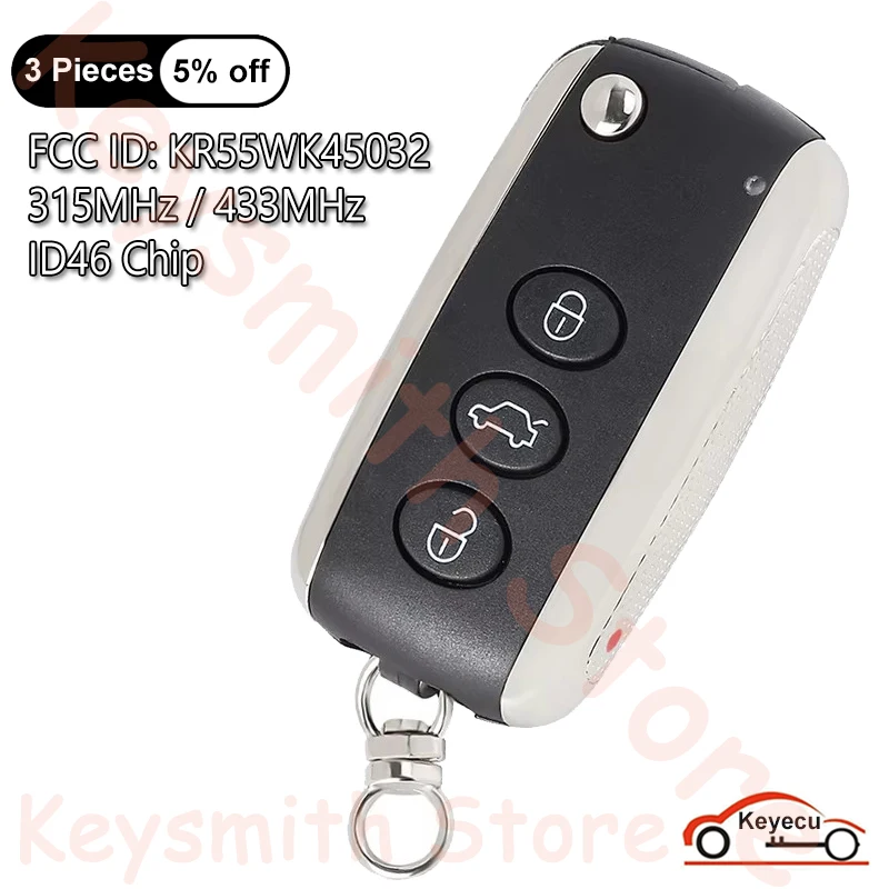 KEYECU 3+1 4 Buttons 315MHz ID46 Chip for Bentley Continental GT GTC 2006-2016 Auto Smart Remote Key Fob FCC ID: KR55WK45032