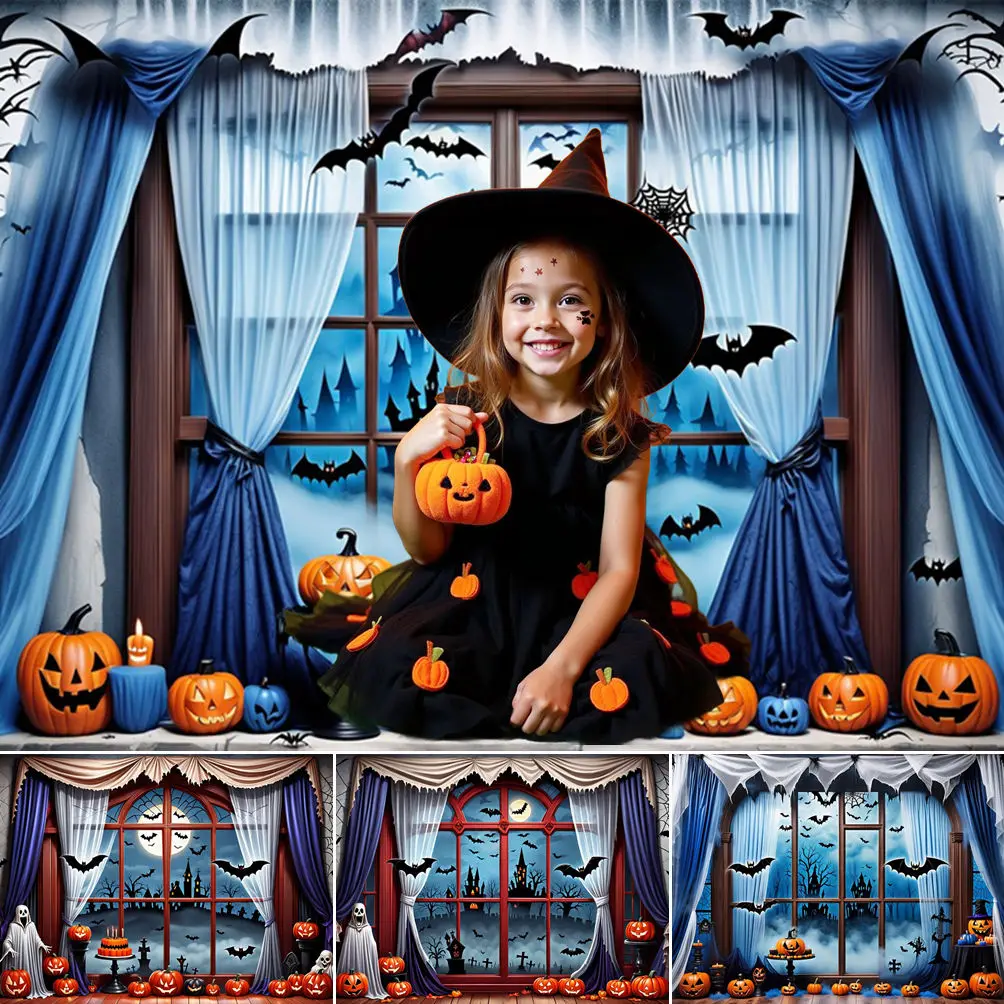 

MOON.QG MOON.QG Halloween Party Window Bats Backdrops for Photography Pumpkin Girl BoyPhoto Background Photocall Photo Studio