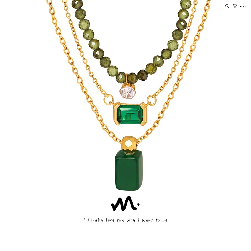 

【Mirrordust】Простые модные индивидуальные инкрустированные зелеными ювелирными изделиями, минималистичное позолоченное ожерелье из титановой стали для женщин
