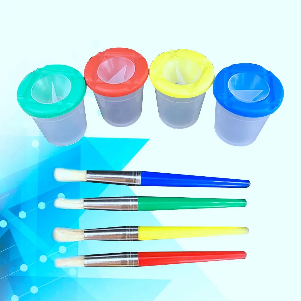 4Pcs Childrens Painting Brush Set Includes 4 Paint Cups Easy Grip Plastic Handle Metal Tube Premium Bristle for Watercolor