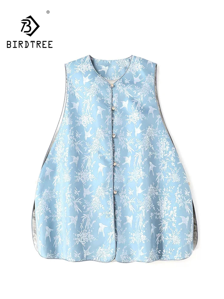 BirdTree-50MM Silk Song Brocade Elegant Vest, O Neck Swallow, Women OL Design Sense Loose A-line Coat, 2026 Autumn New C68059CC