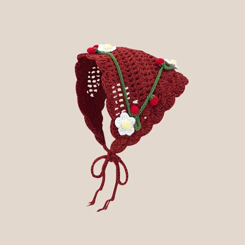 Französischer pastoraler Stil, gestricktes, florales Dreieck-Kopftuch für Mädchen, personalisiertes Kopftuch für Fotoshootings mit Bindeband, 3D-Blumen-Haarband – Detail 18