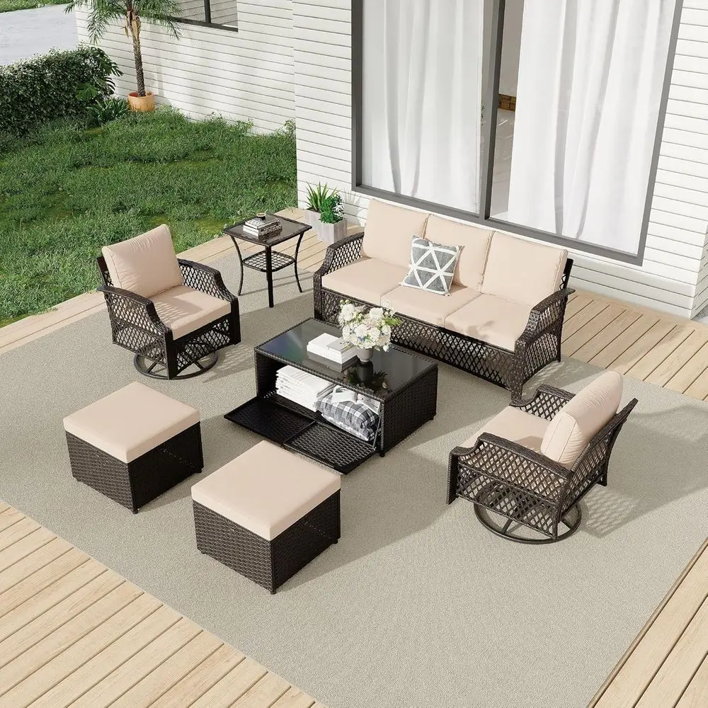 

7-Piece Wicker Patio Furniture Set with Swivel Chairs, Ottomans, and Storage Coffee Table for Outdoor Sectional Sofa or Deck in