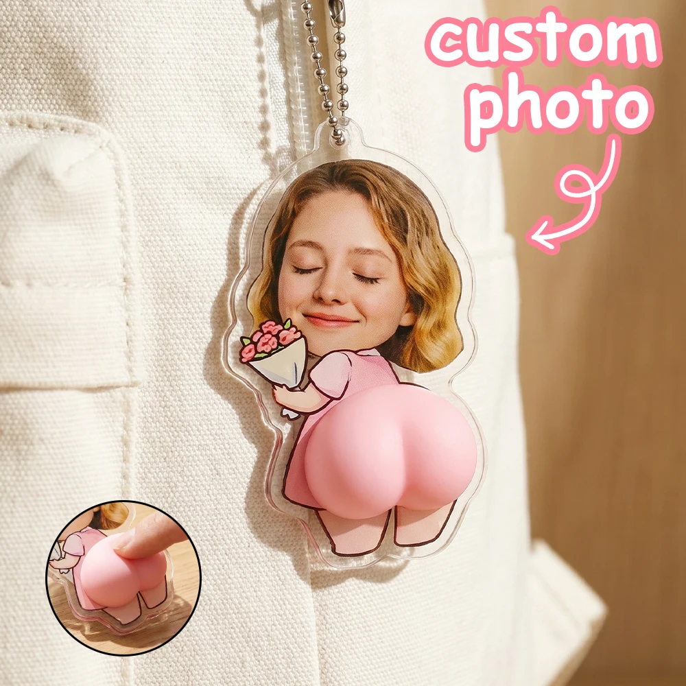 Custom Photo Acrylic Keychain,Squishy Butt,Flower Girl Character,Creative Funny Gift,Backpack Decor,Novelty Decompression Charm
