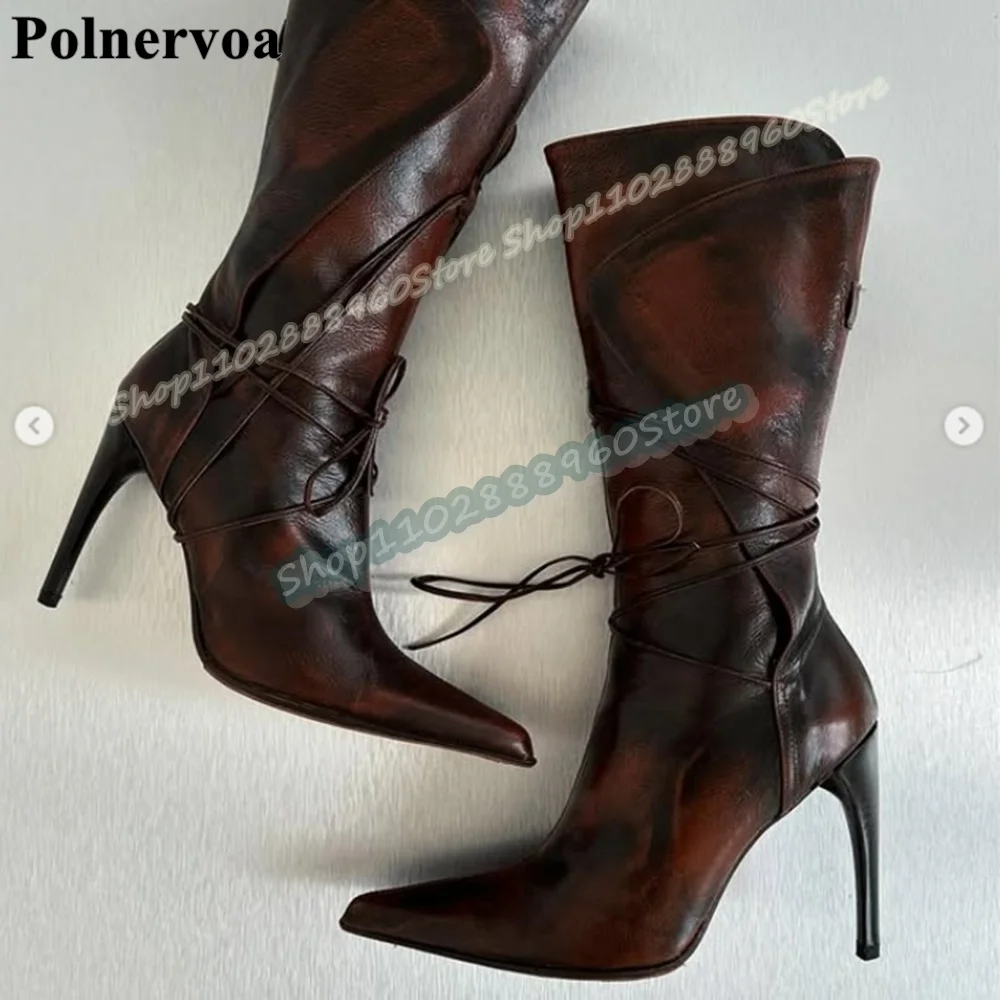

Sexy Mid Calf Leather Pointy Boots Thin High Heel Women Shoes Lace Up Pointed Toe Party Fashionable Casual Zapatos Para Mujer