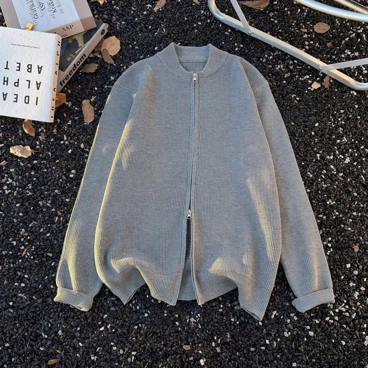 

Men's Pure Color Knitwear Jaet Double Zipper Design Simple Korean Sle Baseball Collar Trendy And Versatile Winter Outerwear