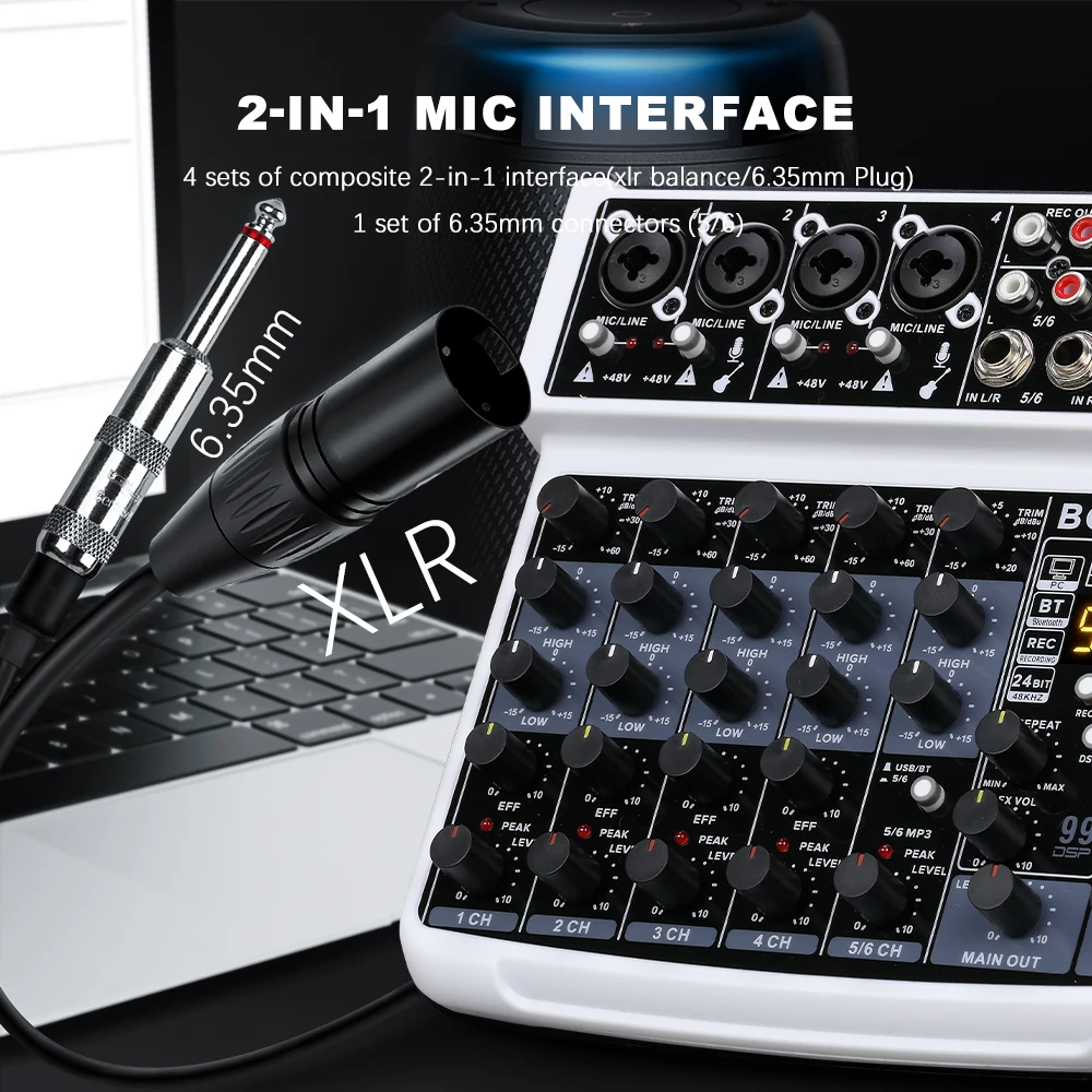 BOMGE 6 Channel 99 DSP Mini DJ Audio Sound Mixer Interface with MP3 USB Bluetooth Stereo Recording 48V Phantom Power for Karaoke