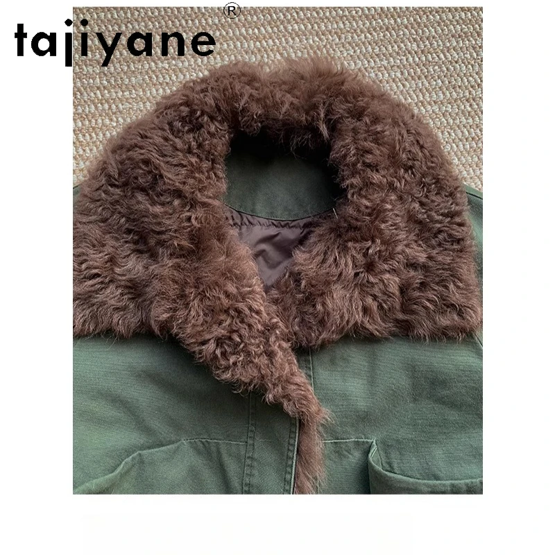 معطف فرو صوف الغنم الحقيقي من TAJIYANE معطف نسائي أبيض من أوزة أسفل باركر سترة خضراء أنيقة ملابس نسائية شتوية 2025 schuba
