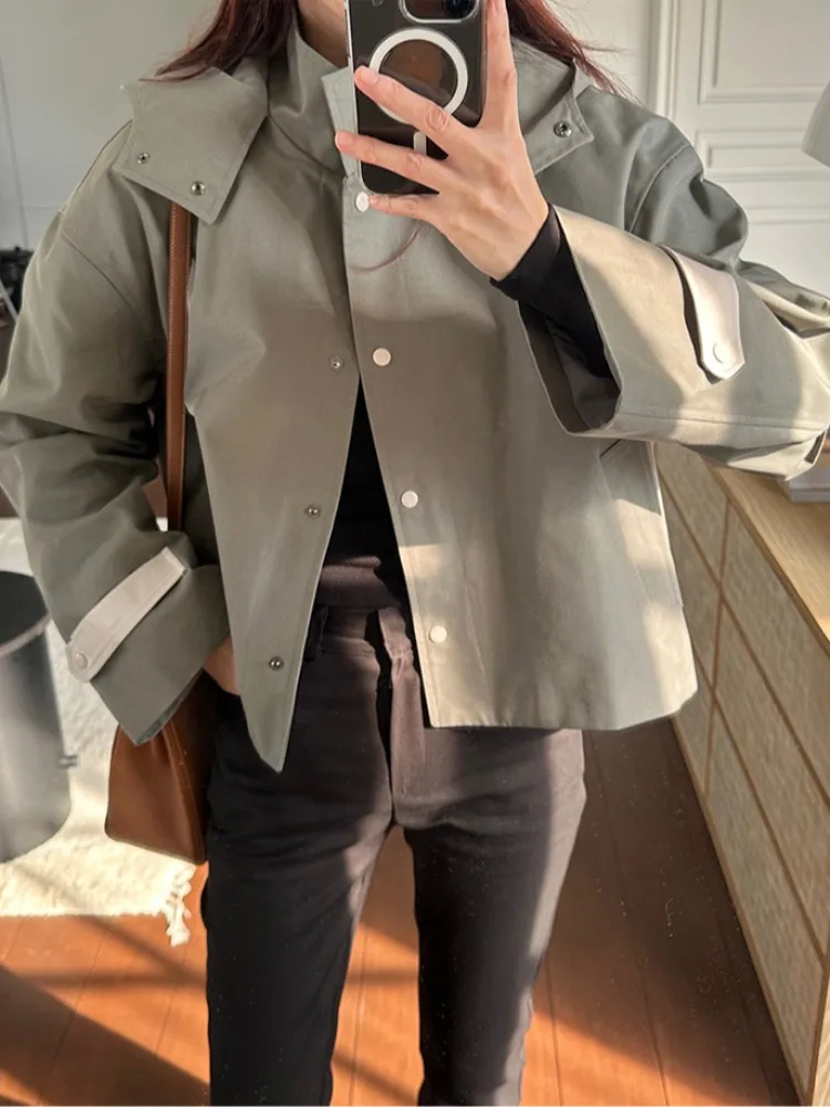

Chic Autumn New Loose Casual Long Sve Hooded Sle Women's Coat Hidden Button Versatile Outerwear Faionable Street Sle