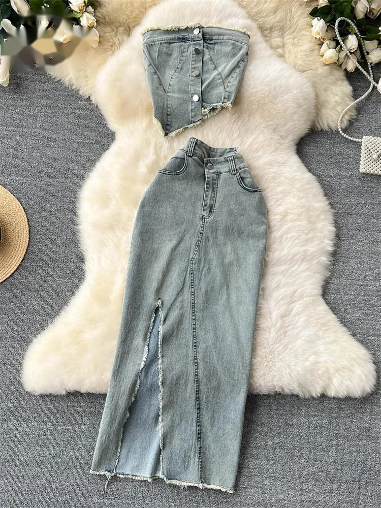 

Streetwear Irregular Design Denim Two-piece Set Strapless Button Ruched Top+High Waist Pocket Split Skirt Fashion Suit