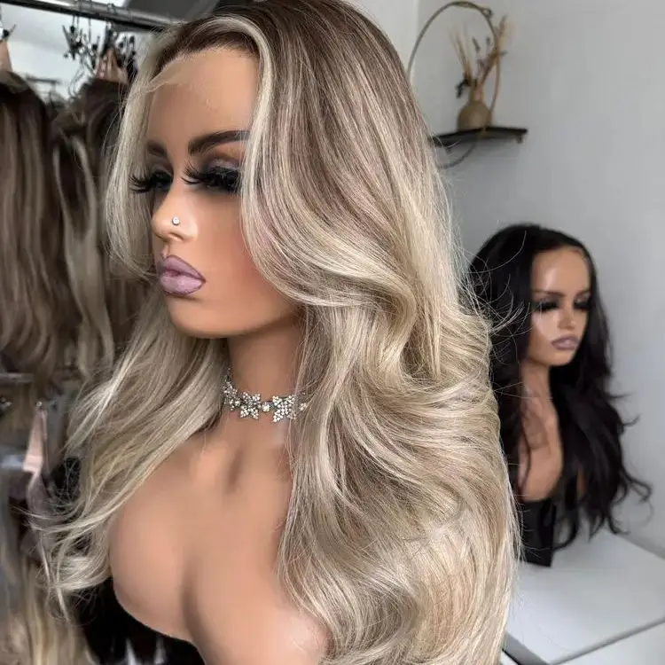 

Long Ash Blonde Mix Colored Synthetic Wig With Dark Roots Soft Body Wave Lace Front Wigs 13x4 High Definition Brunette Fibre 24"