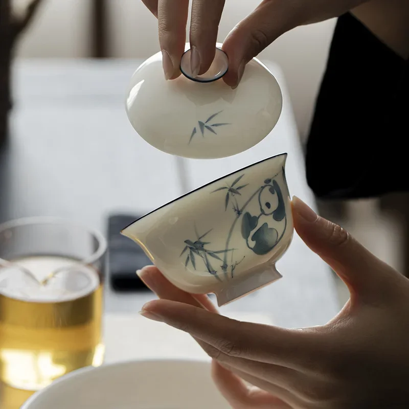 White Porcelain Hand-painted Blue and White Panda Playing with Bamboo Gaiwan Kung Fu Tea Set Ceramic Household Tea Bowl