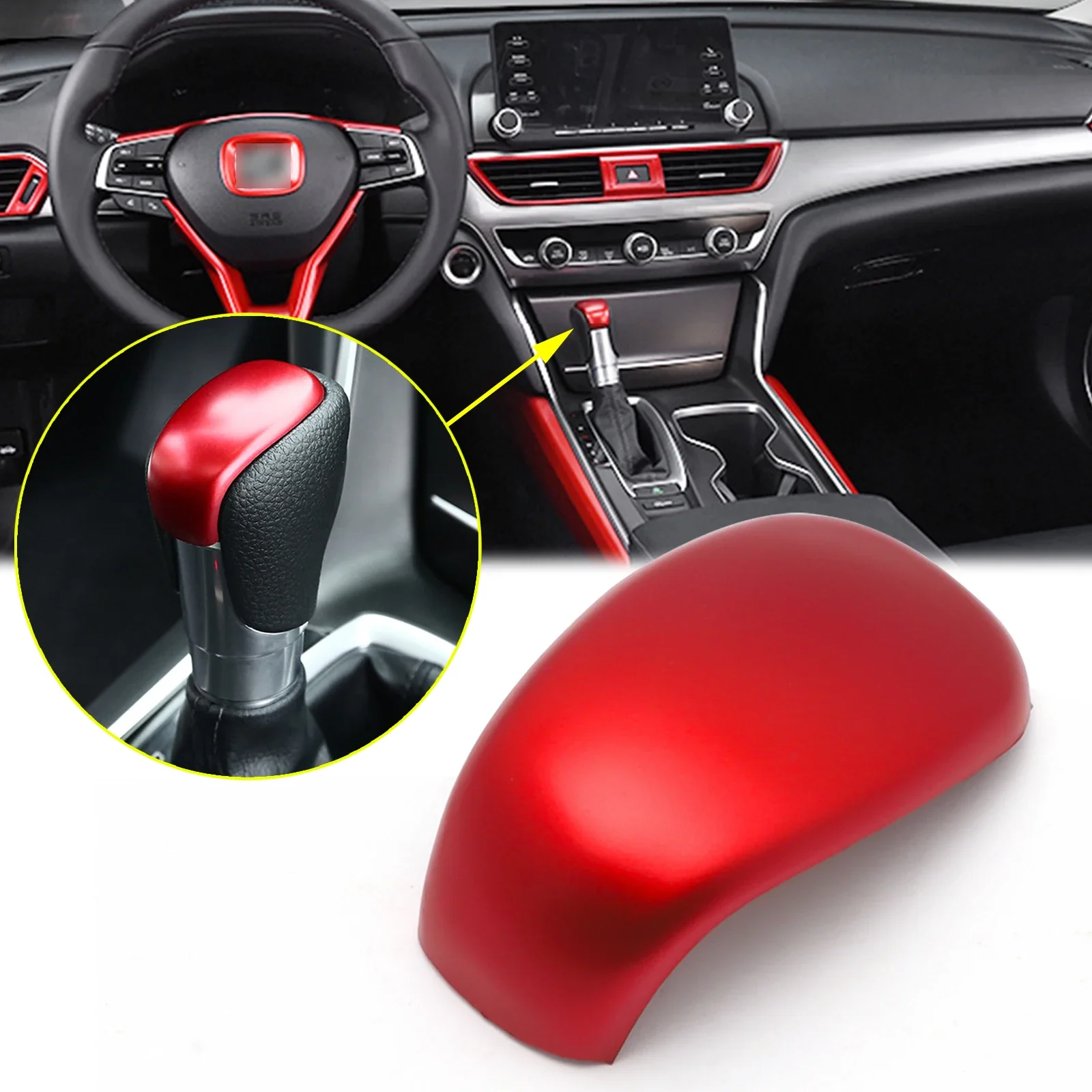 Sporty Red Interior Gear Shift Level Head Knob Cap Cover Molding Trim Protective Overlay For Honda Accord 2018 2019 2020 2021