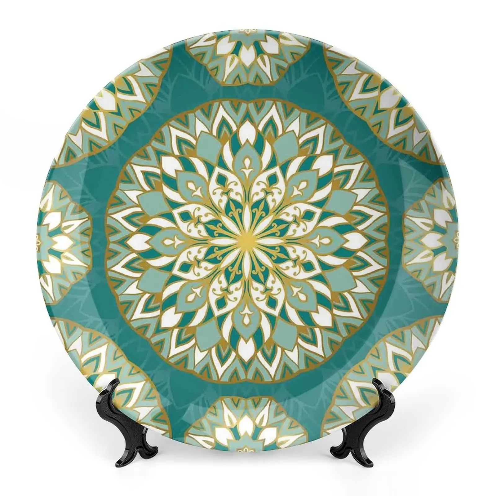 Decorative Plate, Turquoise Ceramic Stoneware, Round Pattern Emerald Mandala Print Ornament Display Plate for Party, Weddings