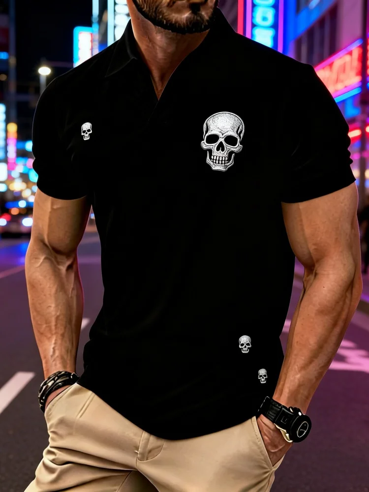 Polo ajustado para hombre, camiseta informal de manga corta con estampado de calavera y líneas que se ajustan al cuerpo
