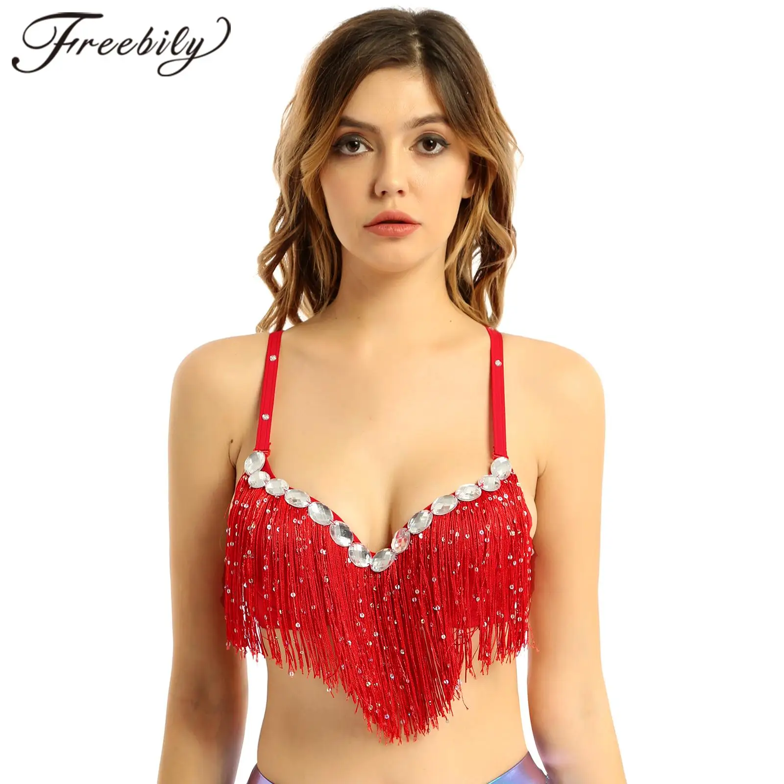 

Women's Sequins Tassel Rhinestone Brassiere, Latin Dance Bra Tops, Dancewear, Push-Up Bras, Performance Costume, Party Clubwear