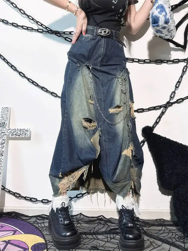 Denim Skirts 2026 New American Style Women Distressed Slit Long Denim Skirt High Quality Hollow Out Fashion Maxi Jean Dress