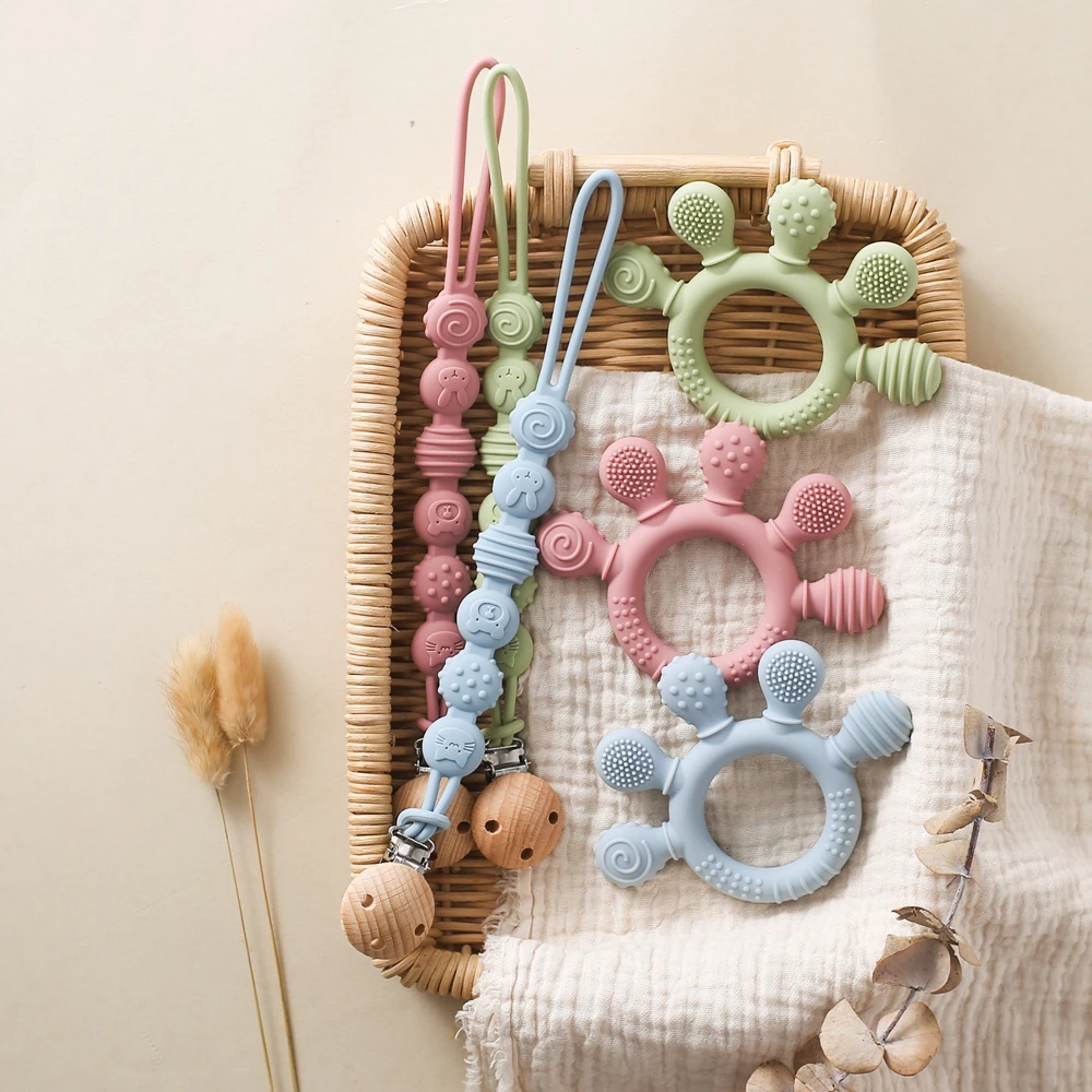 1Pcs Baby 0 12 Months Pacifier Chain BPA Free Silicone Teether Wooden Nipple Clip Holder Infant Molar Teething Soother Toys Gift