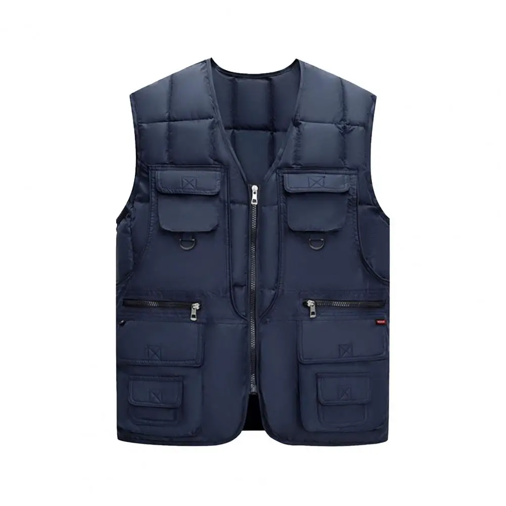 Men Winter Vest With Zipper Design Men's V-neck Zipper Waistcoat With Multi Pockets Windproof Down Vest Jacket For Warmth Style