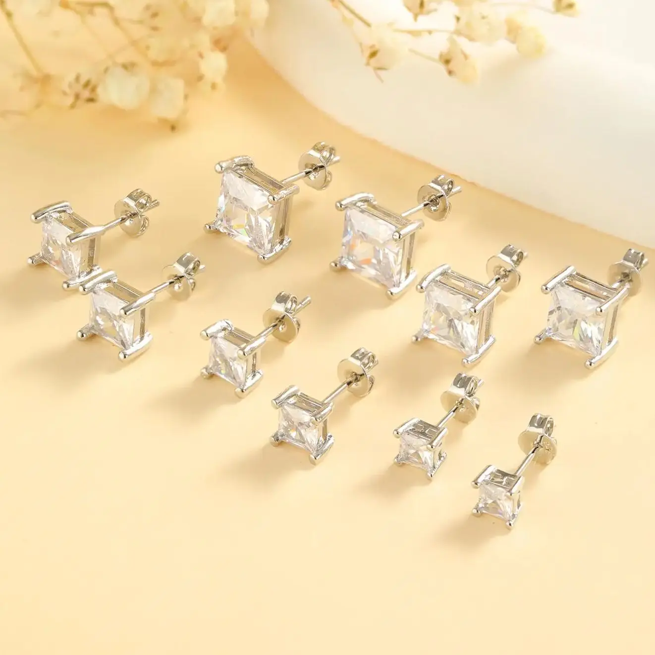 Goxygen 4/5/6/7/8mm Cubic Zirconia Stud Earrings For Women Men, Square Cut  Crystal Earrings, Silver Plated Jewelry