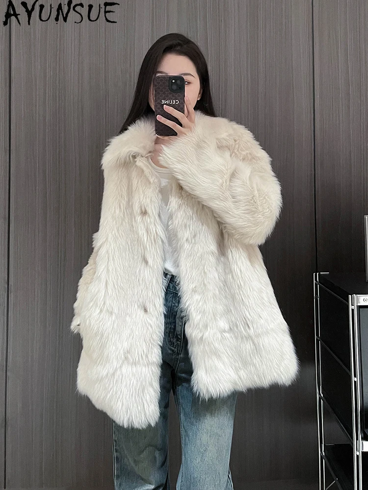 AYUNSUE 2025 Shearlingแจ็คเก็ตผู้หญิงกลางความยาวหรูหราเสื้อขนสัตว์สําหรับเสื้อผ้าผู้หญิงคุณภาพสูงฤดูหนาวเสื้อขนสัตว์то Ж