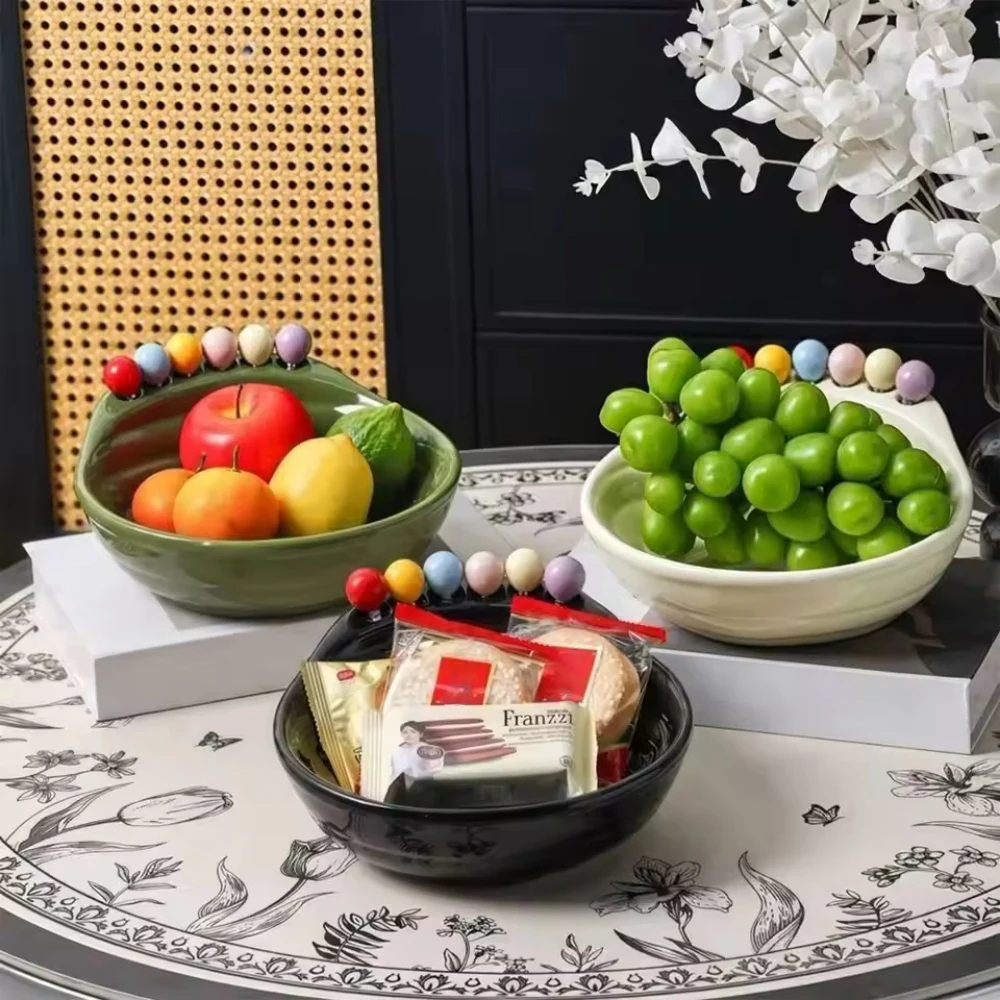 Multicolored ABS plastic snack tray, large capacity fruit bowl with forked design, kitchenware set for salad and snack serving.