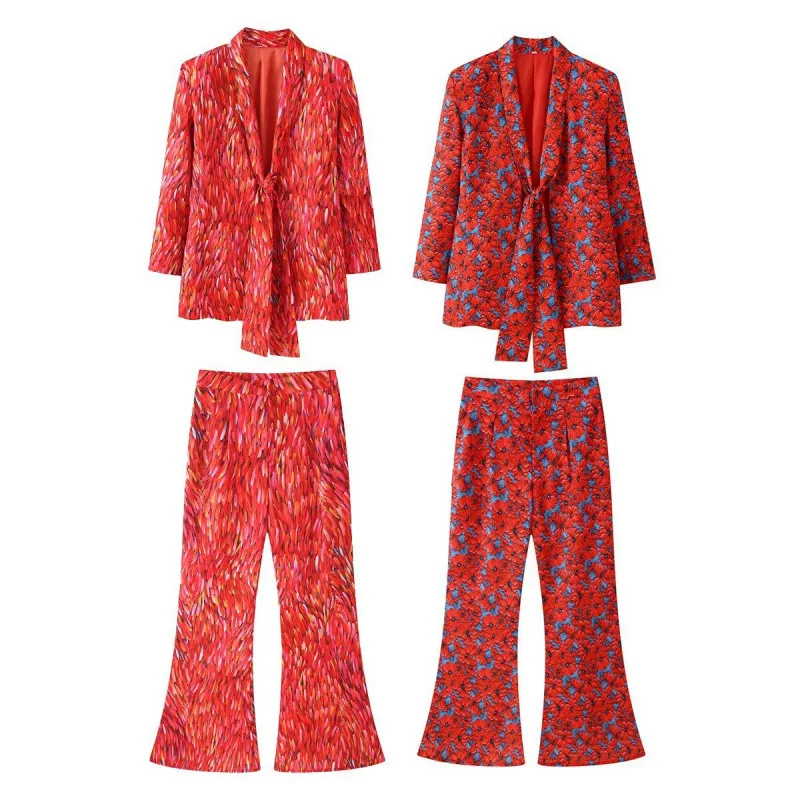 Printed Suit Top And Wide Leg Pants Set Women's Casual Wear Long Sleeve Fashionable European Style Summer Collection