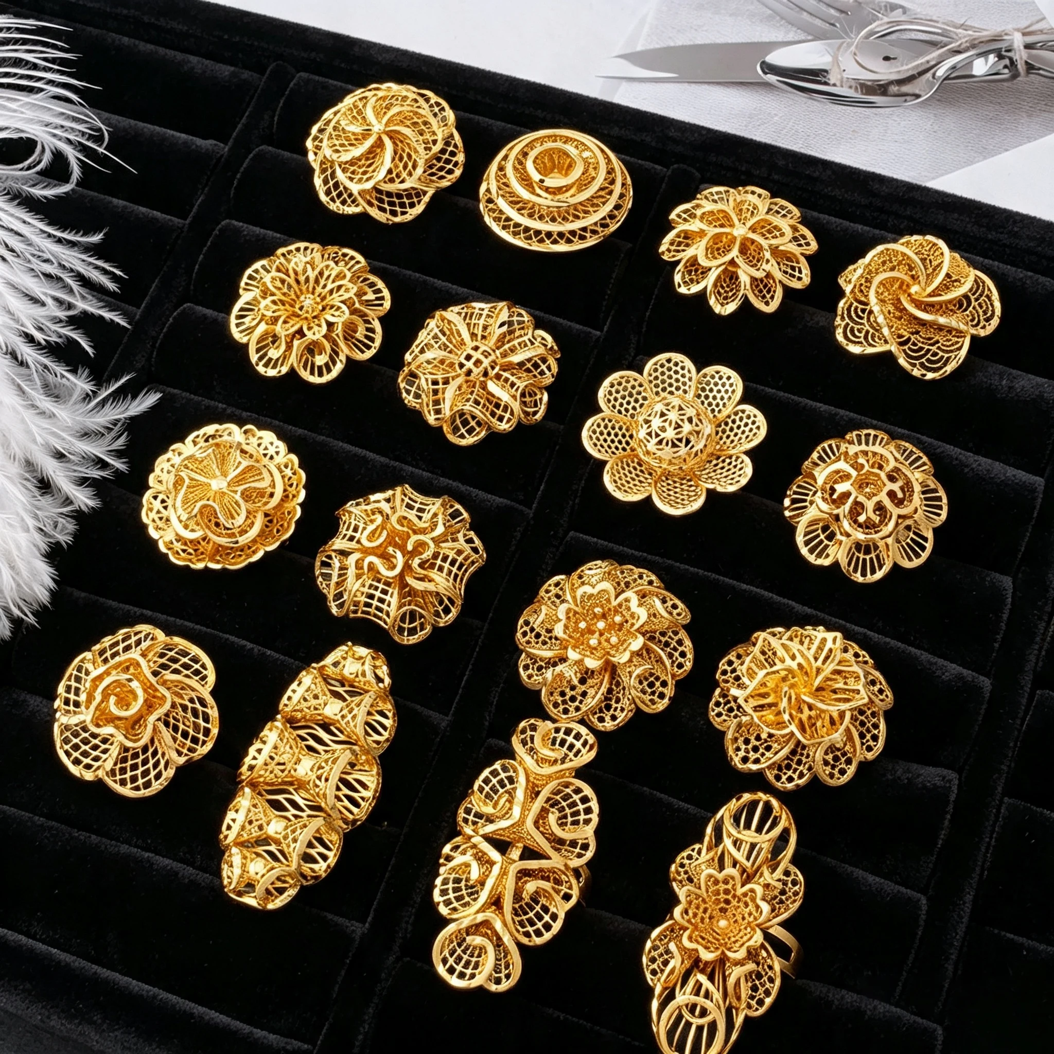 Vintage Dubai vergoldete hohle Blumenringe für Damen, großer filigraner Blumen-Statement-Ring, afrikanischer ethnischer Partyschmuck-Set