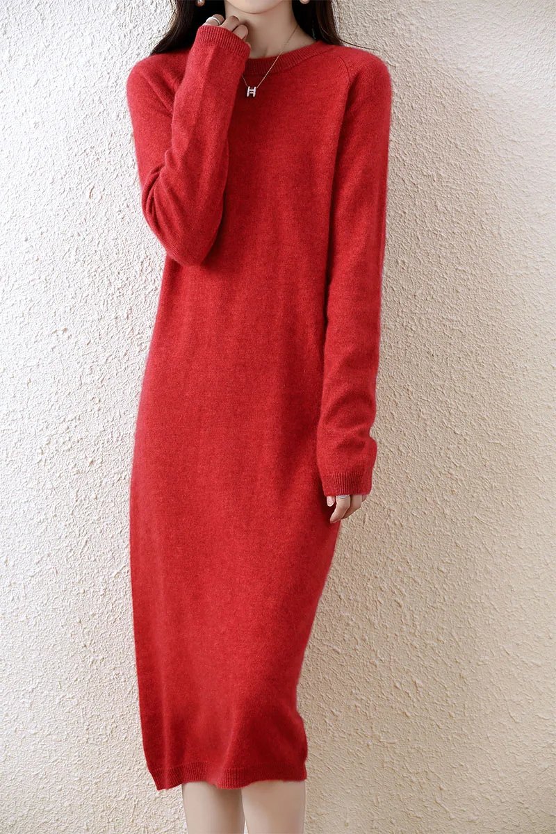 Women's Merino Wool Sweater Dress, Round Neck, Monochromatic Pencil Skirt, Official Dress, Autumn and Winter, New, 100%