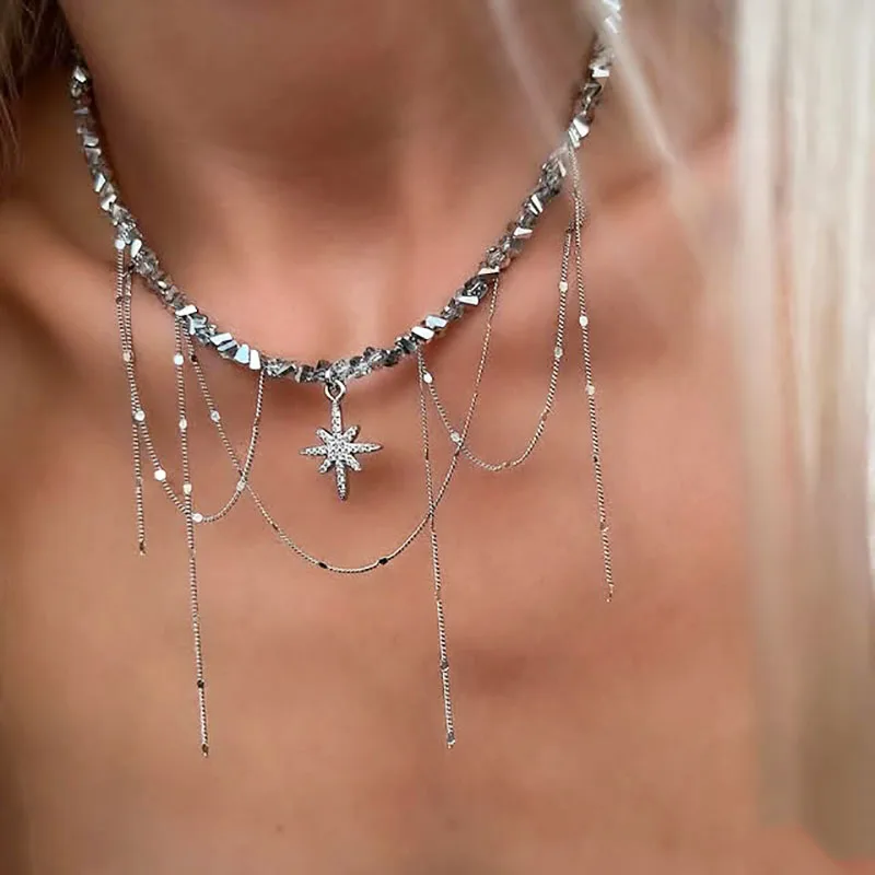 Boho Geometric Transparent Crystal Jewelry Fashion Vintage Sexy Hexagram Pendant Tassel Necklace For Women Neelry N0552