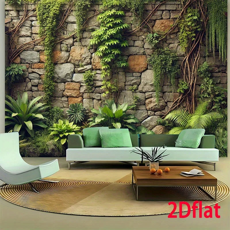 Realistic Tropical Jungle Print Tapestry Wall Decor Polyester Hanging Background Art Indoor Greenery Vines Stone Mural Picture f