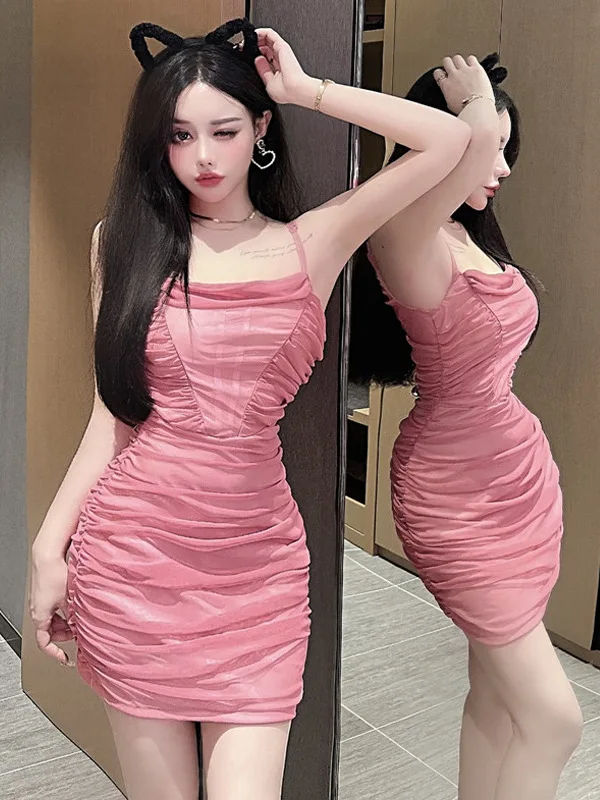 2024 Summer Sexy Spicy Girl Premium Square Neck Backless Sling Dress Women Pleated Cinching Waist Wrap Hip Pink Short Dress KZO0